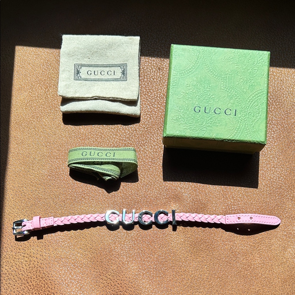 Gucci Pink Braided Leather Bracelet with Silver GUCCI Logo